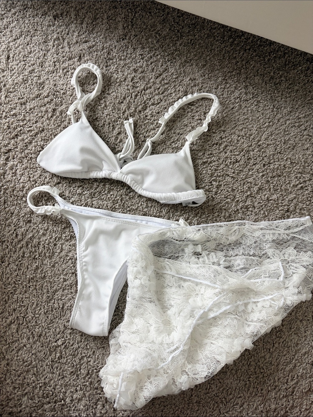White Lace & Ribbed Triangle Bikini 3 Piece Set - Picture 1 of 8